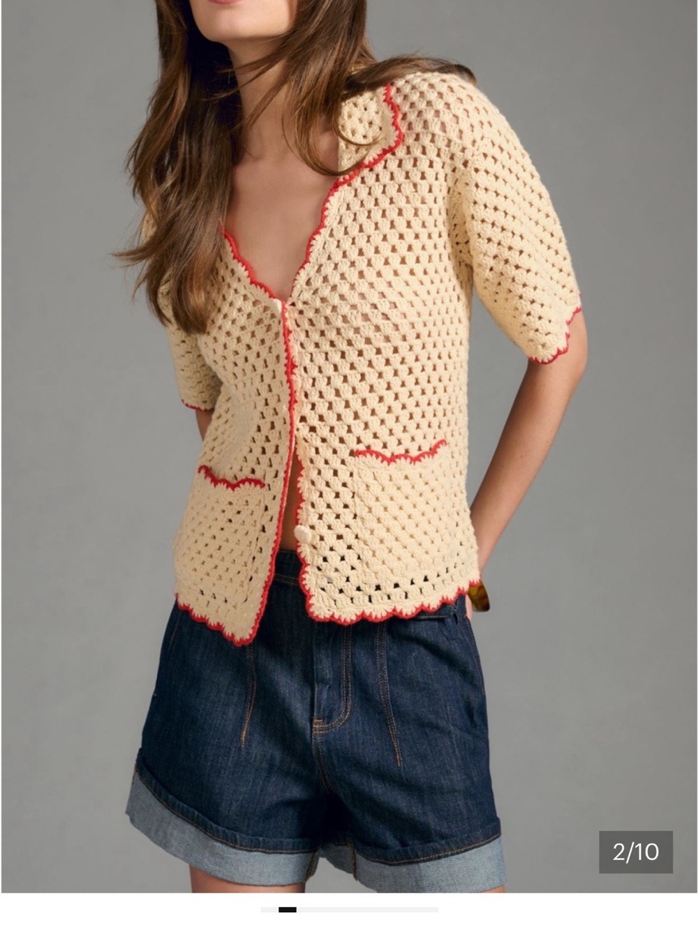 Anthropologie Ivory Crochet Cardigan with Coral Trim